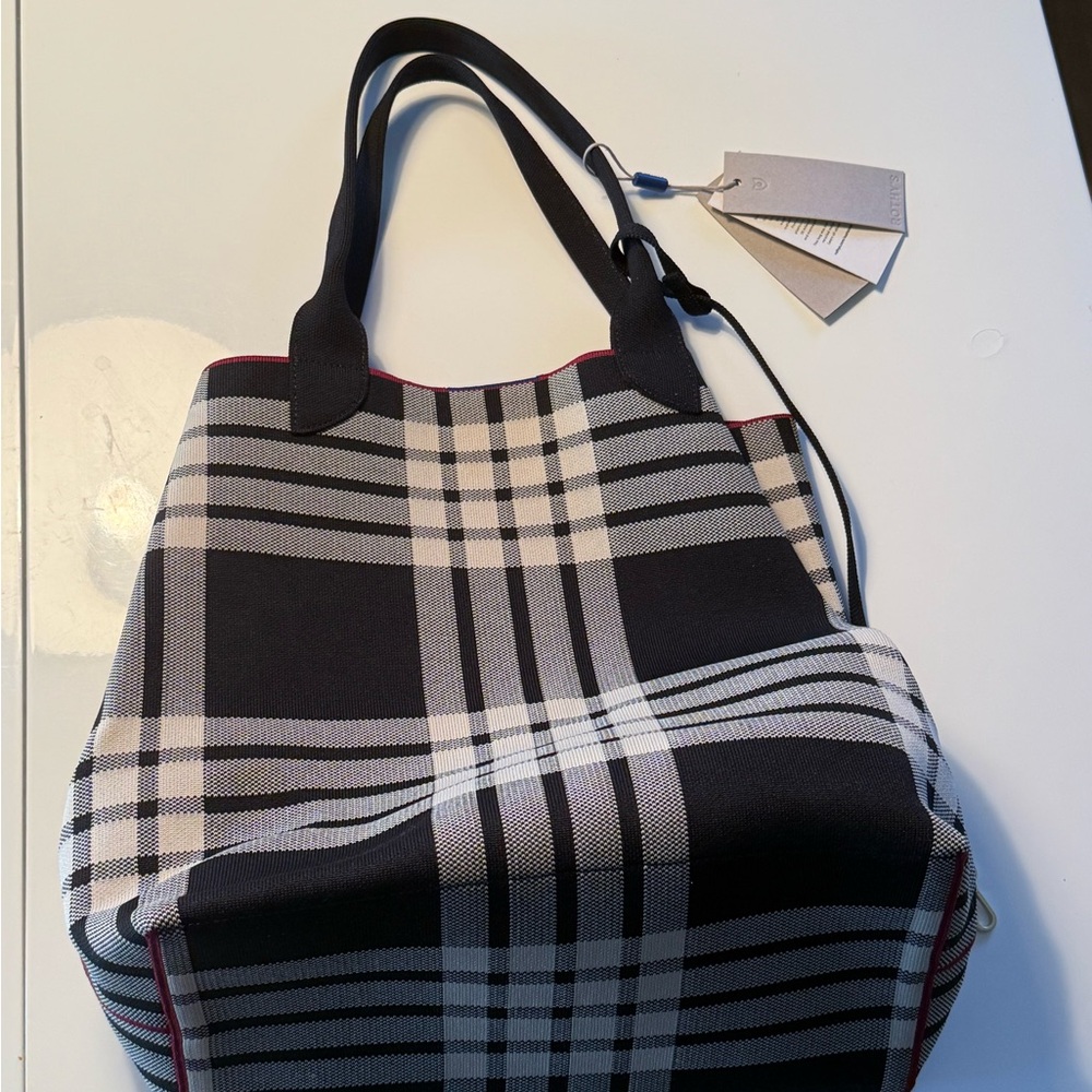 Rothy's Black & White Plaid Tote with Subtle Red Trim